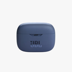 Blue JBL wireless earbuds case on a white background
