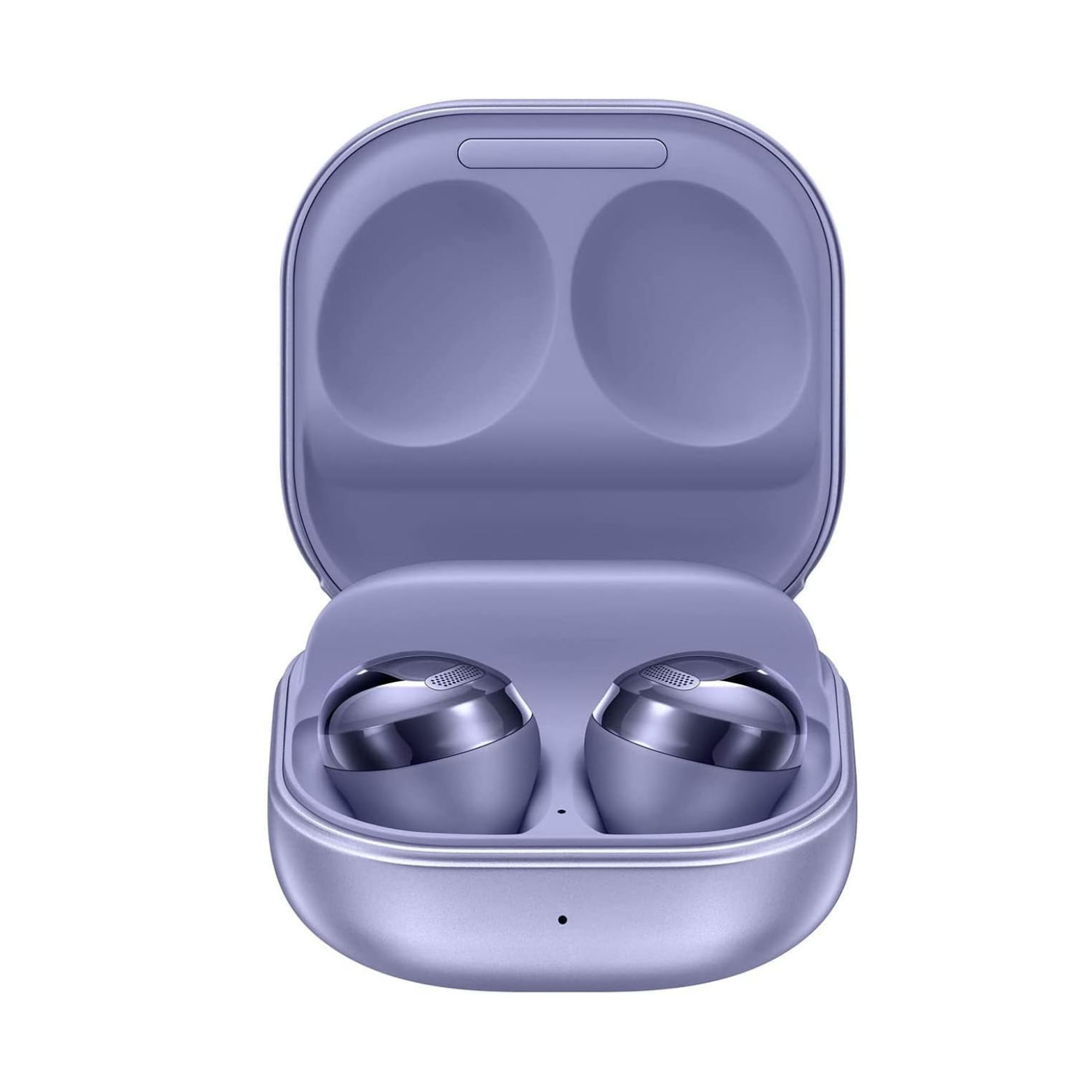 Purple wireless earbuds in an open case on a white background