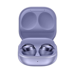 Purple wireless earbuds in an open case on a white background