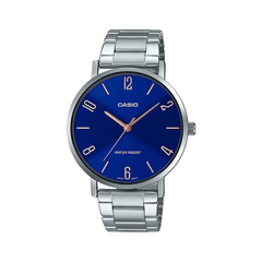 Casio watch with blue dial and silver metal strap on a white background