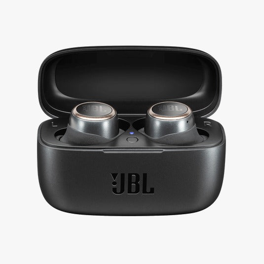 JBL wireless earbuds in a black charging case on a white background