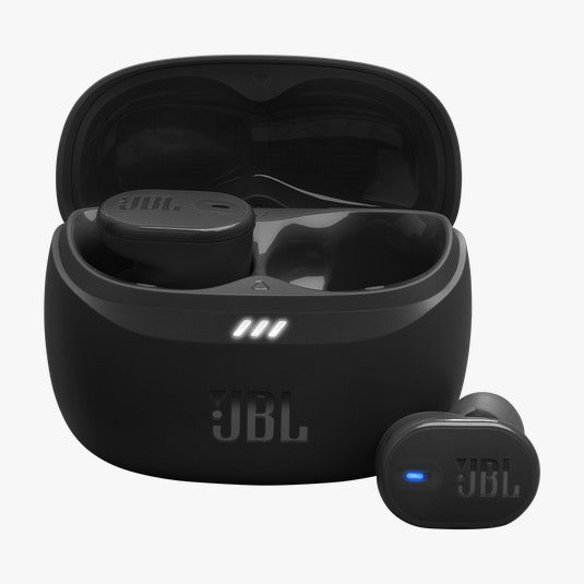 Black JBL wireless earbuds with charging case on a white background