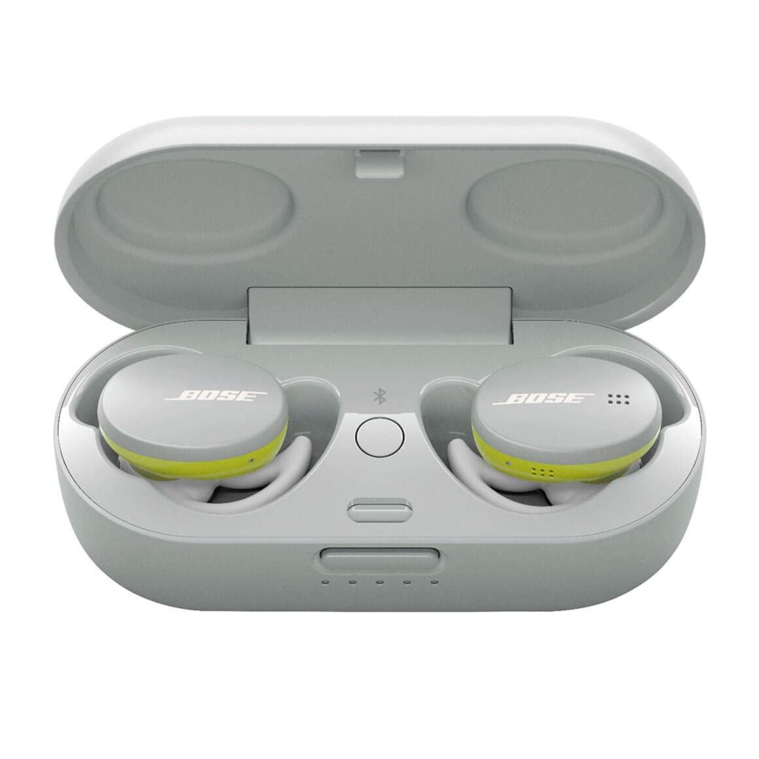 Bose wireless earbuds in a charging case on a white background