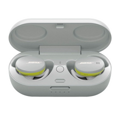 Bose wireless earbuds in a charging case on a white background