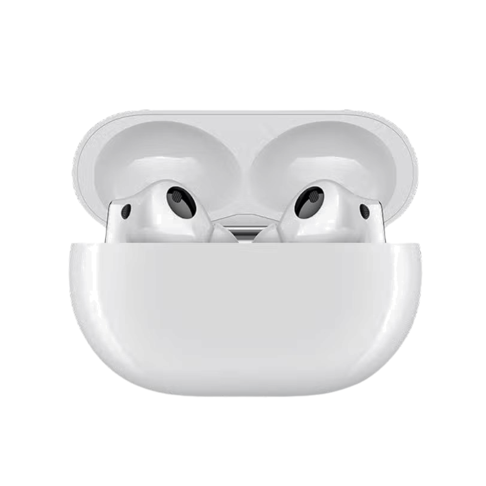 Wireless earbuds in a white charging case on a white background