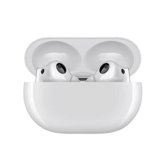 Wireless earbuds in a white charging case on a white background