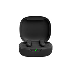 Black wireless earbuds in a charging case on a white background