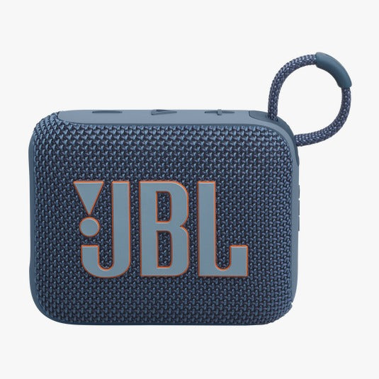 Blue JBL portable speaker on a white background