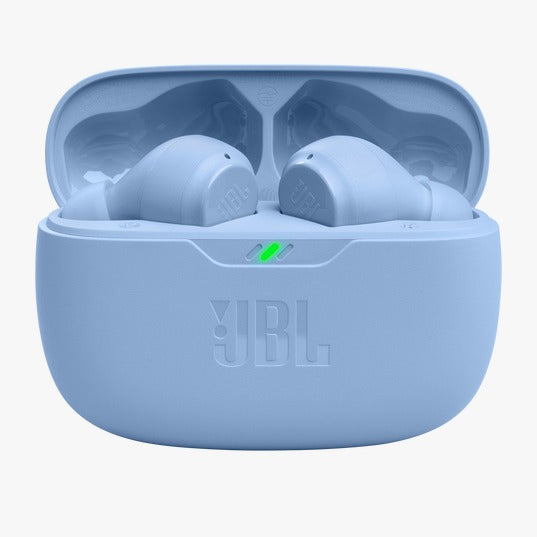 Blue JBL wireless earbuds in a charging case on a white background