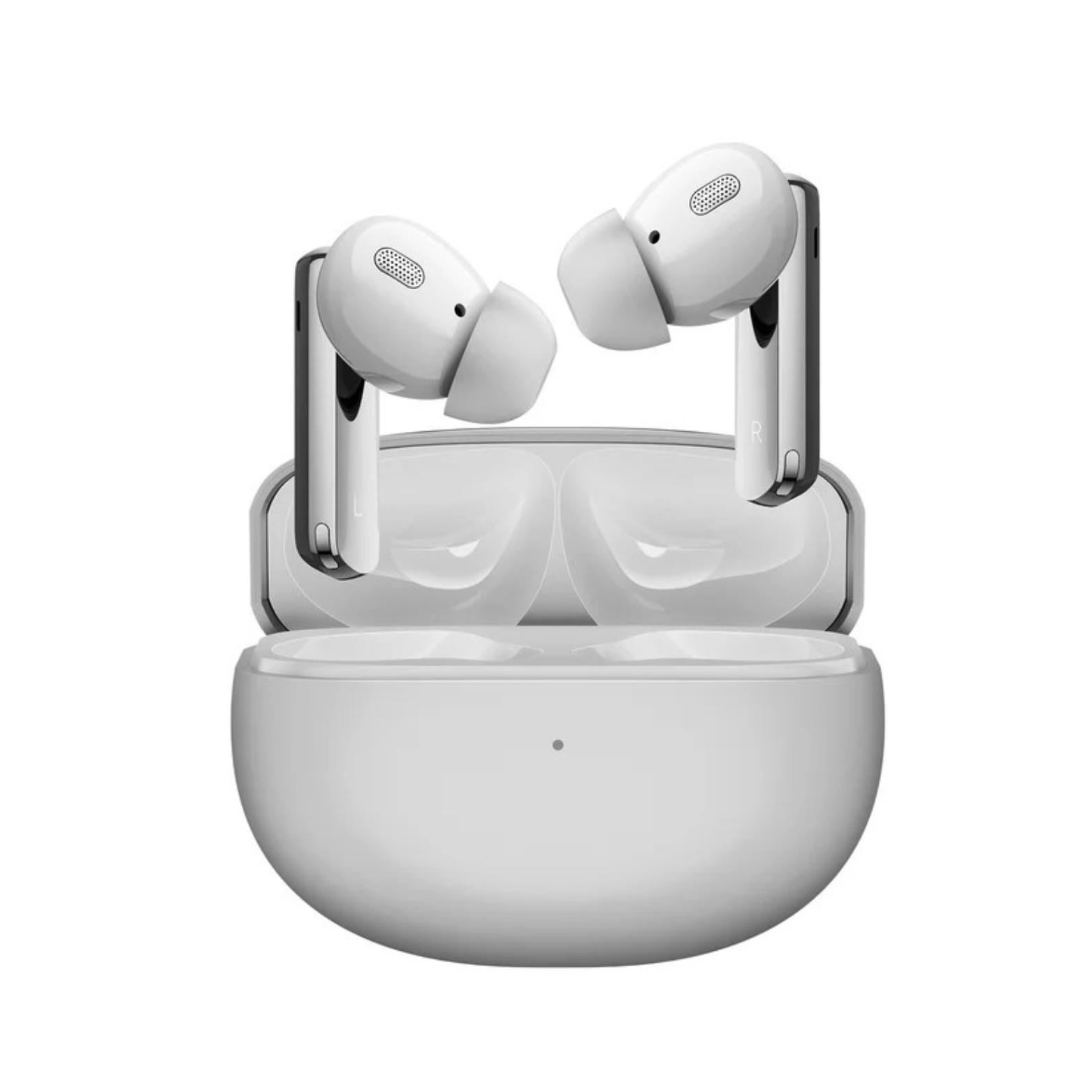 White wireless earbuds with charging case on a white background