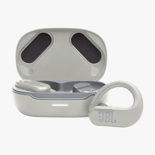 Gray JBL wireless earbuds with charging case on a white background