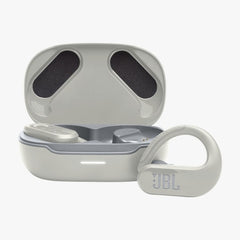 Gray JBL wireless earbuds with charging case on a white background