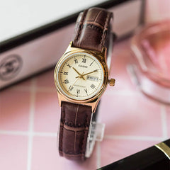 CASIO LTP-V006GL-9BUDF Women’s Analog Watch – Classic Roman Numerals, Champagne Dial, Genuine Leather Strap, Date Display, Quartz