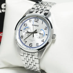 CASIO MTP‑E340D‑7AVDF Men’s Analog Watch – Stainless Steel, Day & Date Inset Dials, 50 m Water Resistant