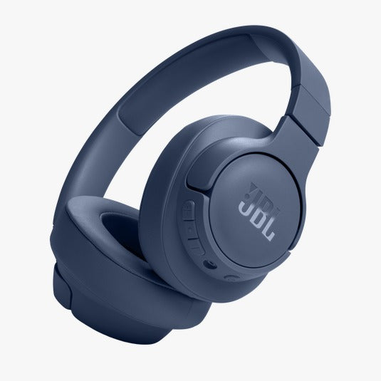 Blue JBL headphones on a white background