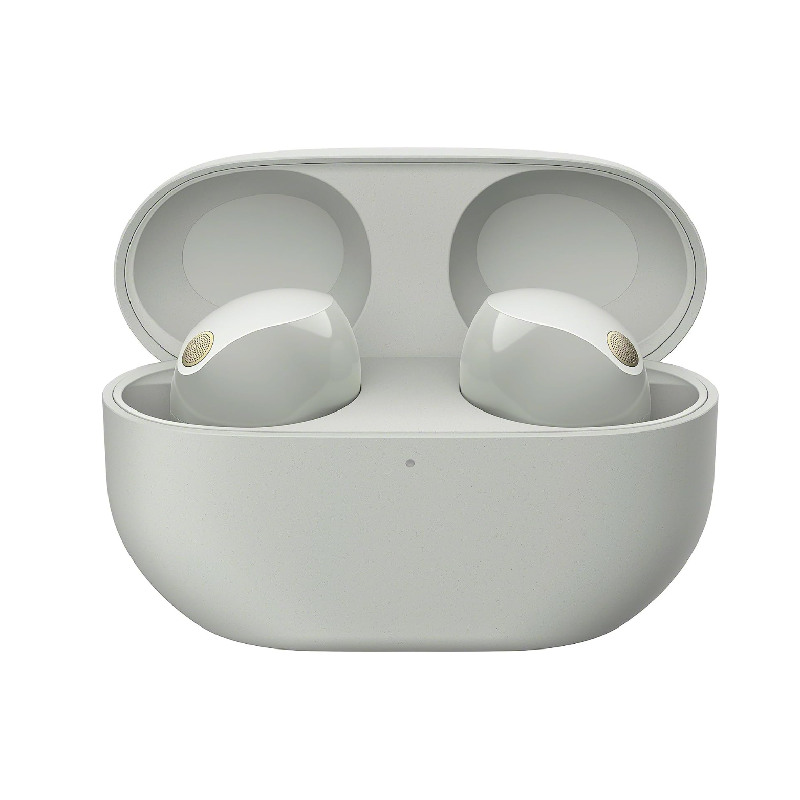 White wireless earbuds in a matching charging case on a white background