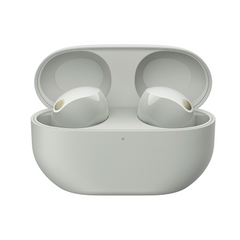 White wireless earbuds in a matching charging case on a white background