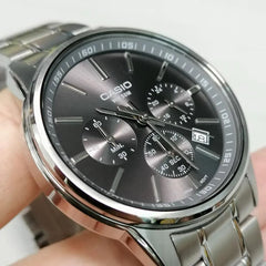 CASIO MTP‑E515D‑8AVDF Men’s Chronograph Watch – Grey Dial Stainless Steel, 50 m Water Resistance, Quartz