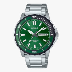 Casio MTD‑125D‑3AV Men’s Analog Dive‑Style Watch | Green Sunburst Dial Stainless Steel Bracelet | 100 M Water‑Resistant Quartz Timepiece