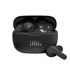 Black JBL wireless earbuds with charging case on a white background