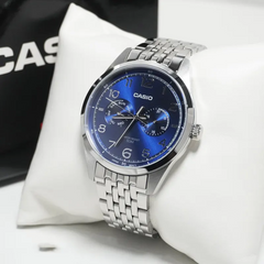 CASIO MTP‑E340D‑2AVDF Men’s Analog Watch – Blue Dial, Stainless Steel Bracelet, Day & Date Display, 50 m Water Resistance