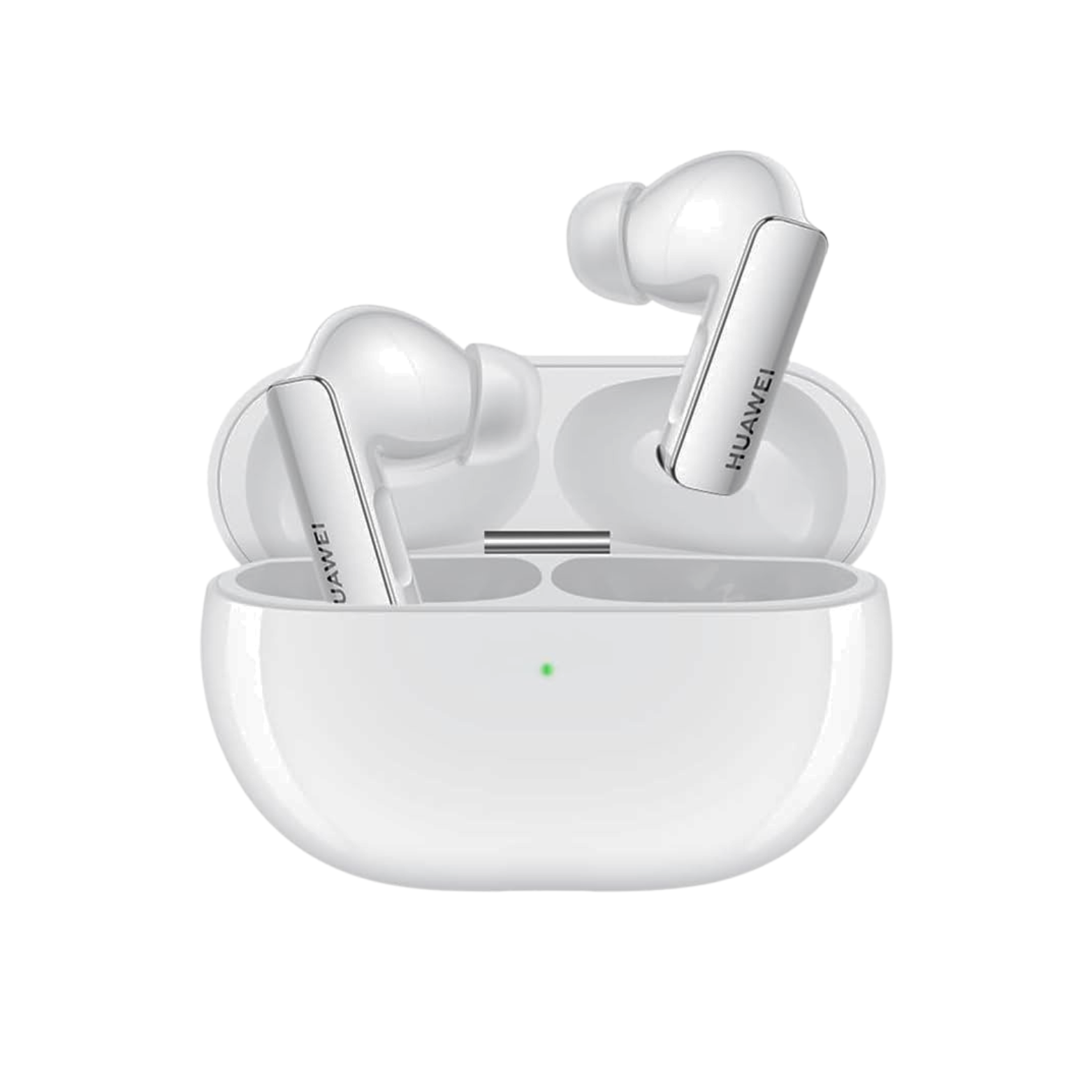 White Huawei wireless earbuds with charging case on a white background