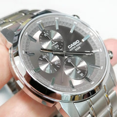 CASIO MTP‑E510D‑8AVDF Men’s Chronograph Watch – Grey Dial Stainless Steel, 50 m Water‑Resistant & Quartz