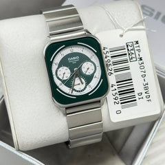Casio MTP-M307D-3BVDF Men’s Analog Stainless Steel Watch – Green/White Dial, Day-Date & 24-Hour Subdials, 50M Water Resistant