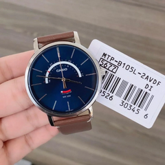 CASIO MTP‑B105L‑2AVDF Men’s Analog Classic Watch – Blue Dial, Leather Strap, Day & Date, 50 m Water Resistance