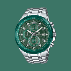 CASIO Edifice EFR-539DE-3AVUDF Chronograph Watch – Green Dial, Stainless Steel, 100m Water Resistant, Date, Quartz, Large Sport Design
