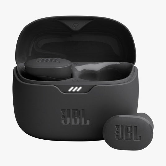 Black JBL wireless earbuds with charging case on a white background
