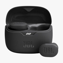 Black JBL wireless earbuds with charging case on a white background