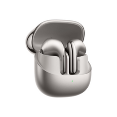 Silver wireless earbuds with charging case on a white background