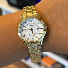 CASIO LTP-V004G-7BUDF Women’s Analog Watch – Gold Stainless Steel, White Dial, Quartz Movement, Water Resistant, Elegant Classic Ladies Watch