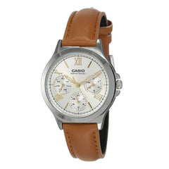 CASIO LTP-V300L-7A2UDF Women’s Analog Watch – White Dial, Rose Gold Accents, Leather Strap, Multi-Dial Design, Quartz Movement, Water Resistant