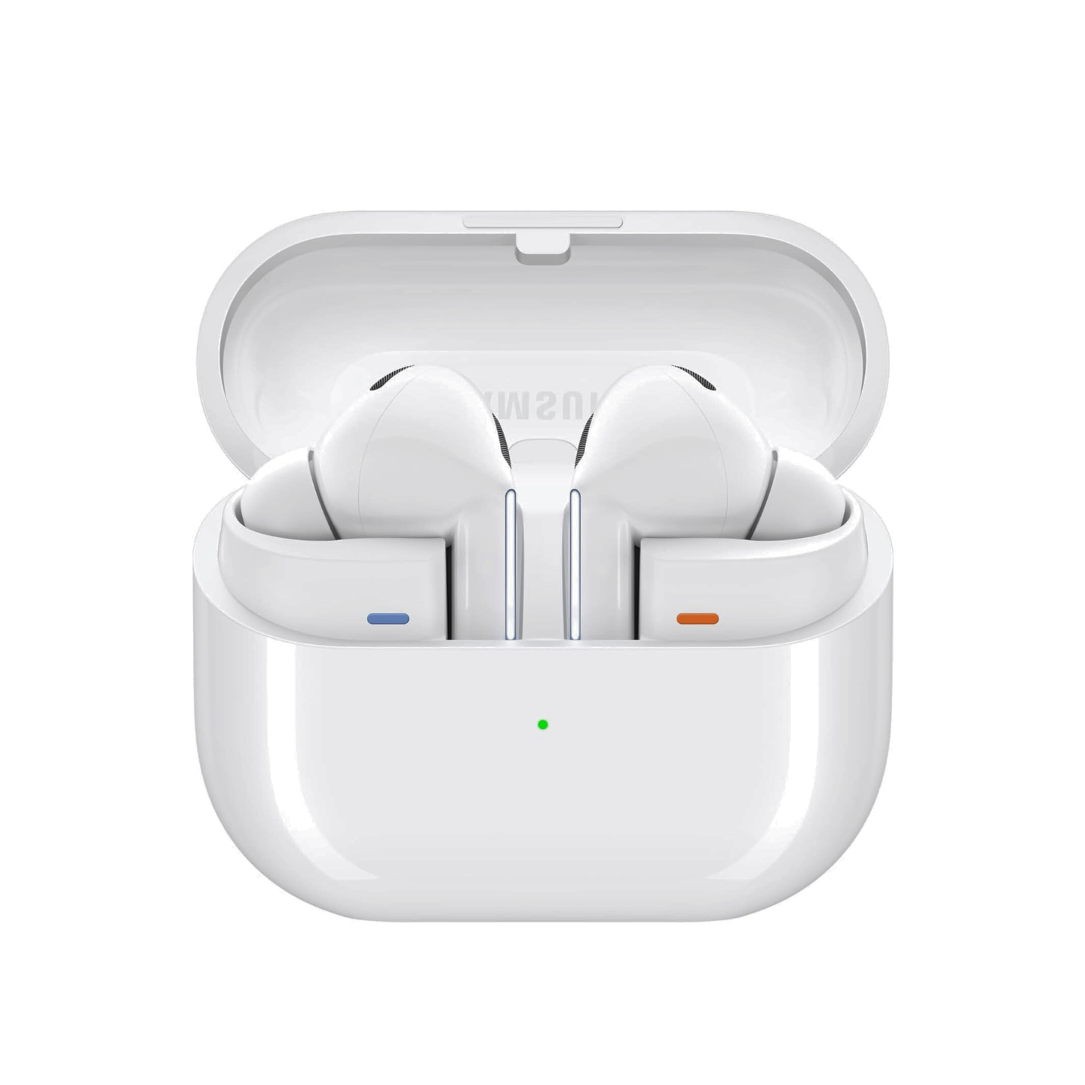 White wireless earbuds in a charging case on a white background