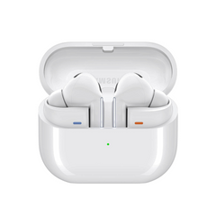 White wireless earbuds in a charging case on a white background