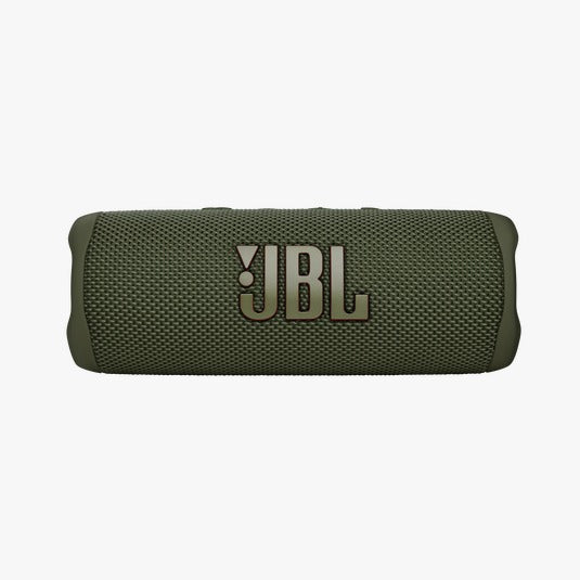 Green JBL portable speaker on a white background