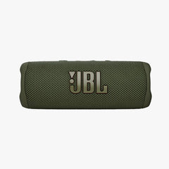 Green JBL portable speaker on a white background