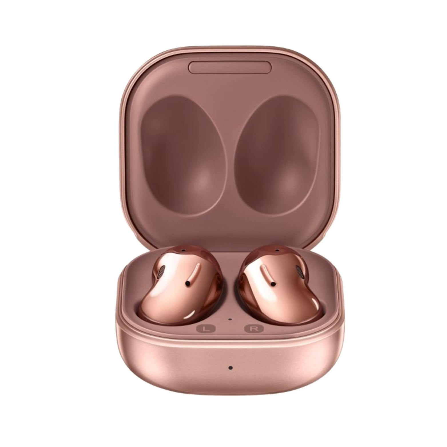 Rose gold wireless earbuds in open case on white background