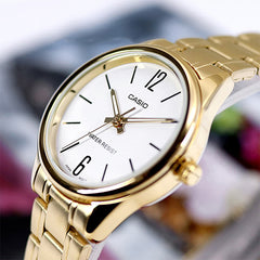 CASIO LTP-V005G-7BUDF Women’s Analog Watch – Gold Stainless Steel, White Dial, Quartz Movement, Water Resistant, Elegant Classic Ladies Watch