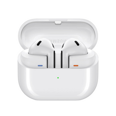 Wireless earbuds in a white charging case on a white background