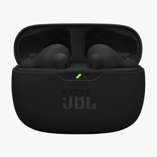 Black JBL wireless earbuds in charging case on a white background