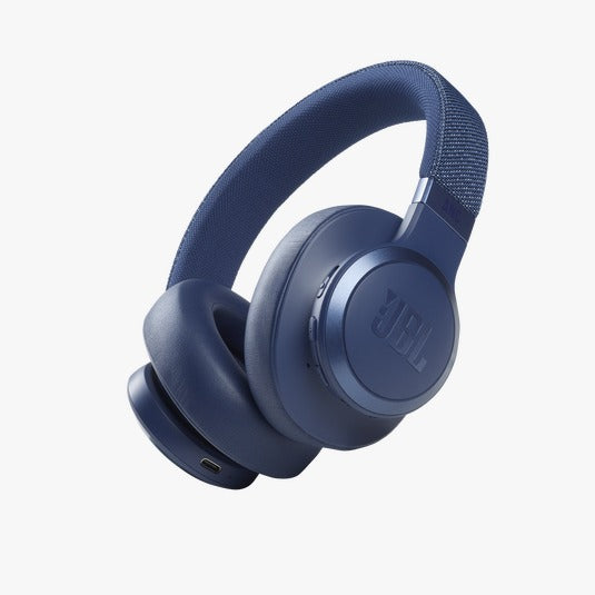 Blue headphones with JBL logo on a white background