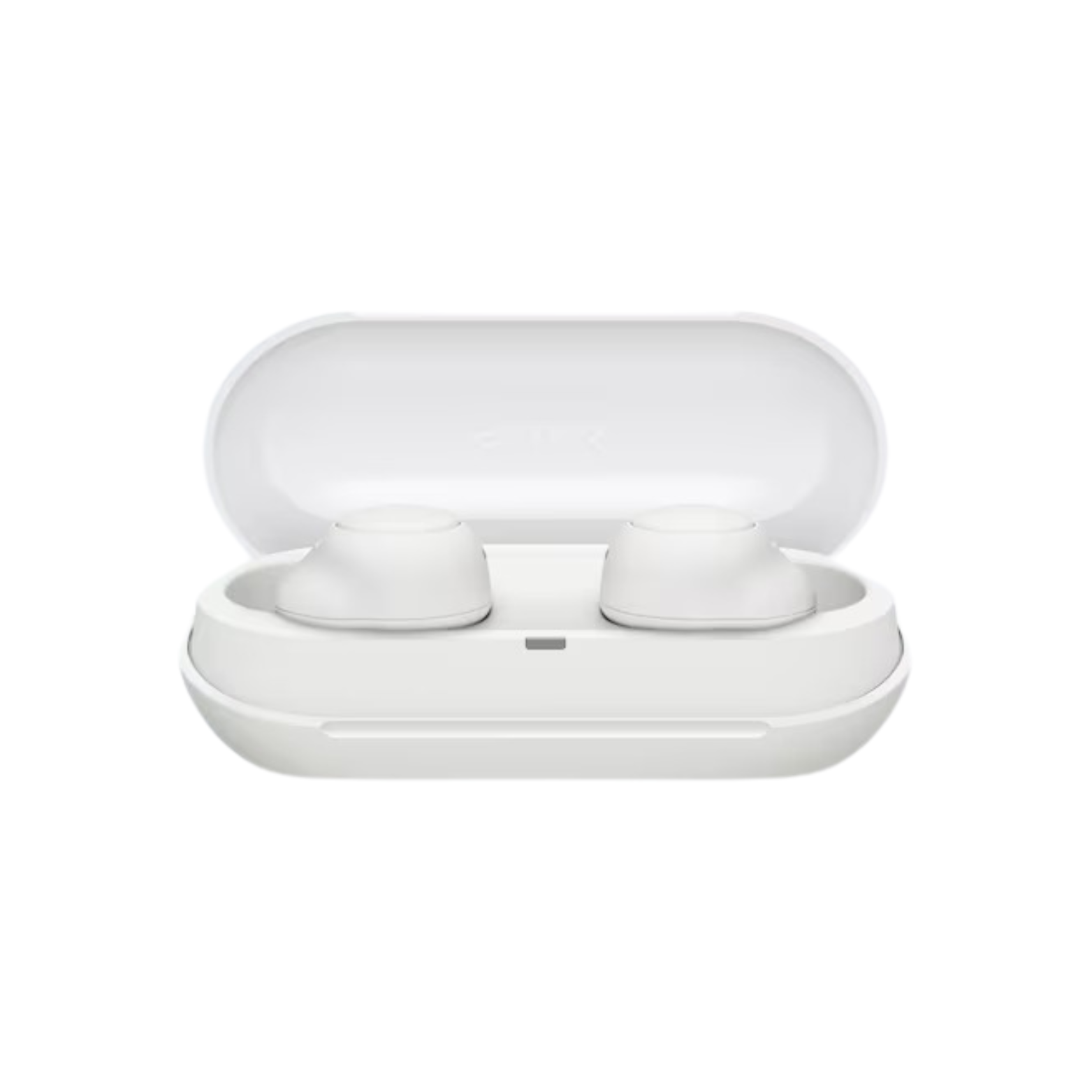 White wireless earbuds in a charging case on a white background