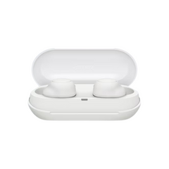 White wireless earbuds in a charging case on a white background