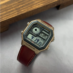 CASIO “Royale” AE-1200WHL-5AV Digital Watch – World Time, 10-Year Battery, 100M Water Resistant, LED Light, Leather Strap