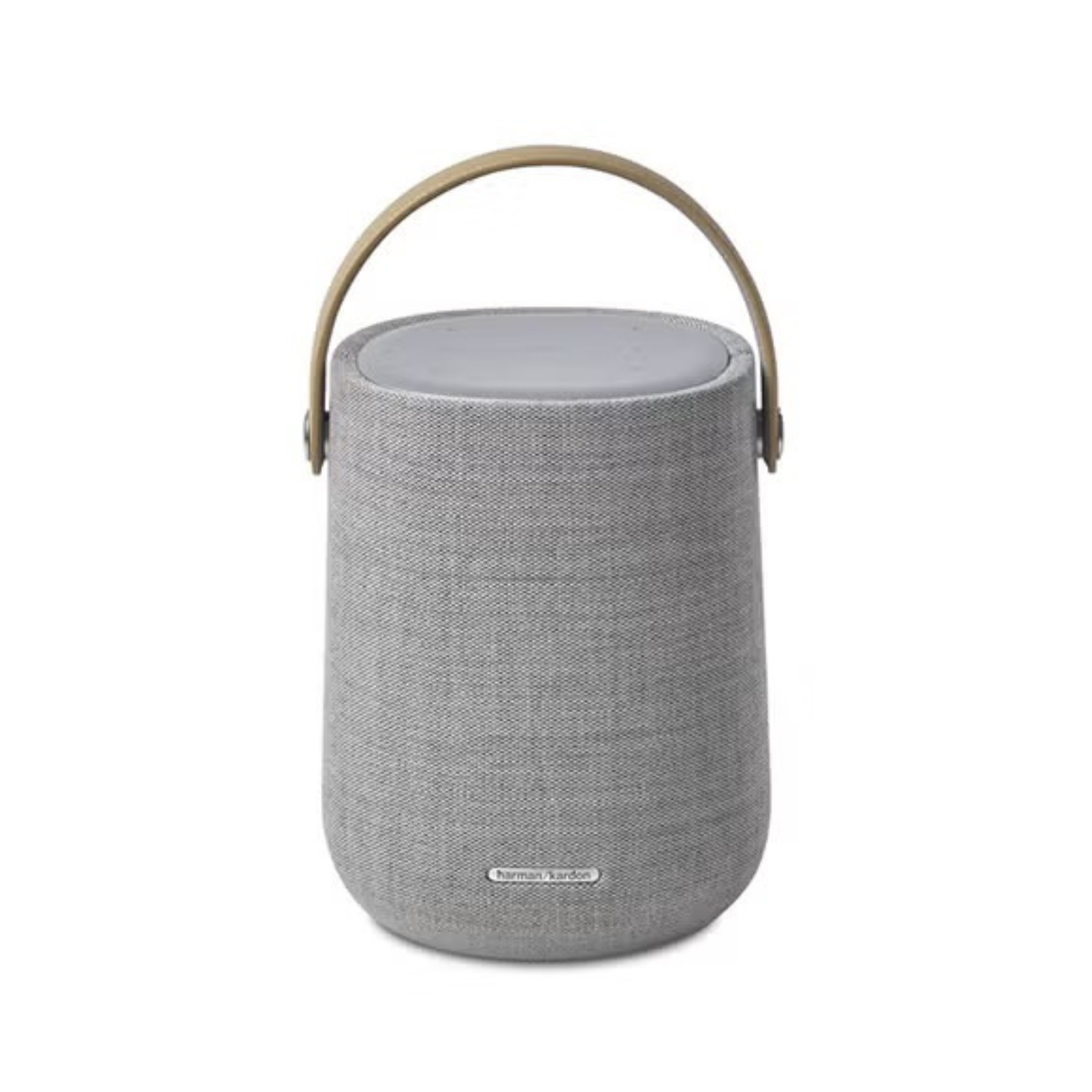 Gray textured speaker with a handle on a white background