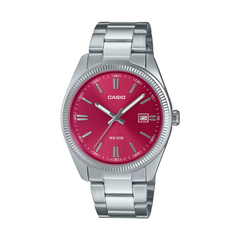 Casio watch with a silver strap and red face on a white background