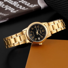 CASIO LTP-V002G-1BUDF Women’s Analog Watch – Gold Stainless Steel, Black Dial, Classic Quartz Timepiece